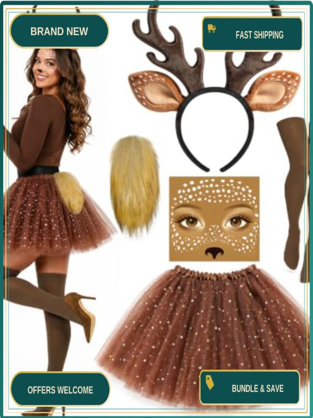 5 Pc Deer Costume Set Adult Women Antler Headband Tail Tutu Socks
